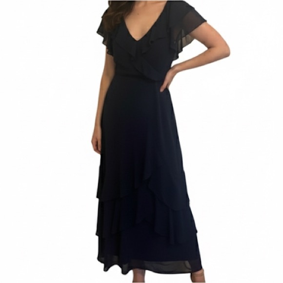 Quiz Dresses & Skirts - Navy Blue Tiered Ruffle Chiffon Look Maxi Formal Dress Size 14 - Quiz